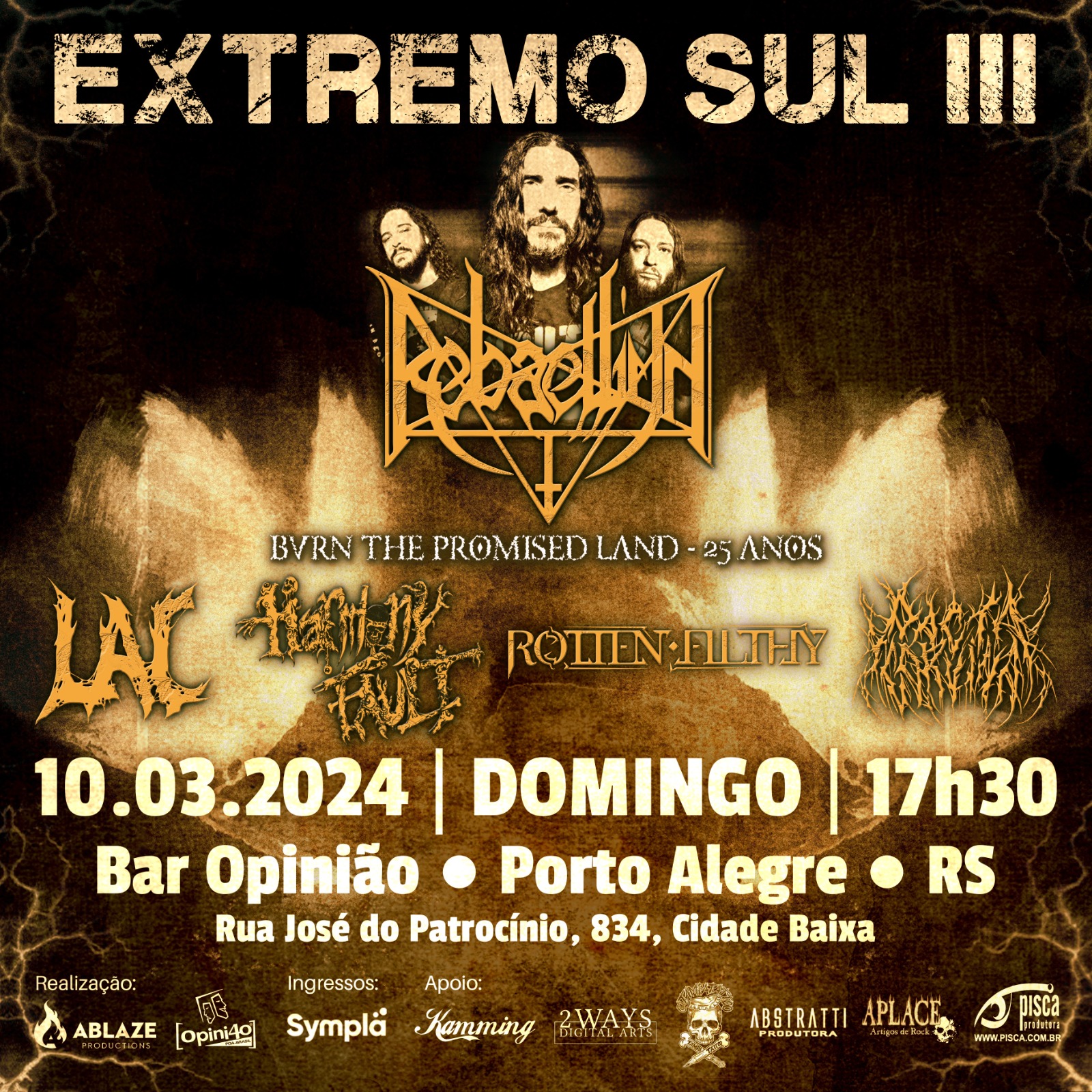 Festival Extremo Sul neste domingo (10/03) em Porto Alegre reúne Rebaelliun e outros nomes importantes do underground